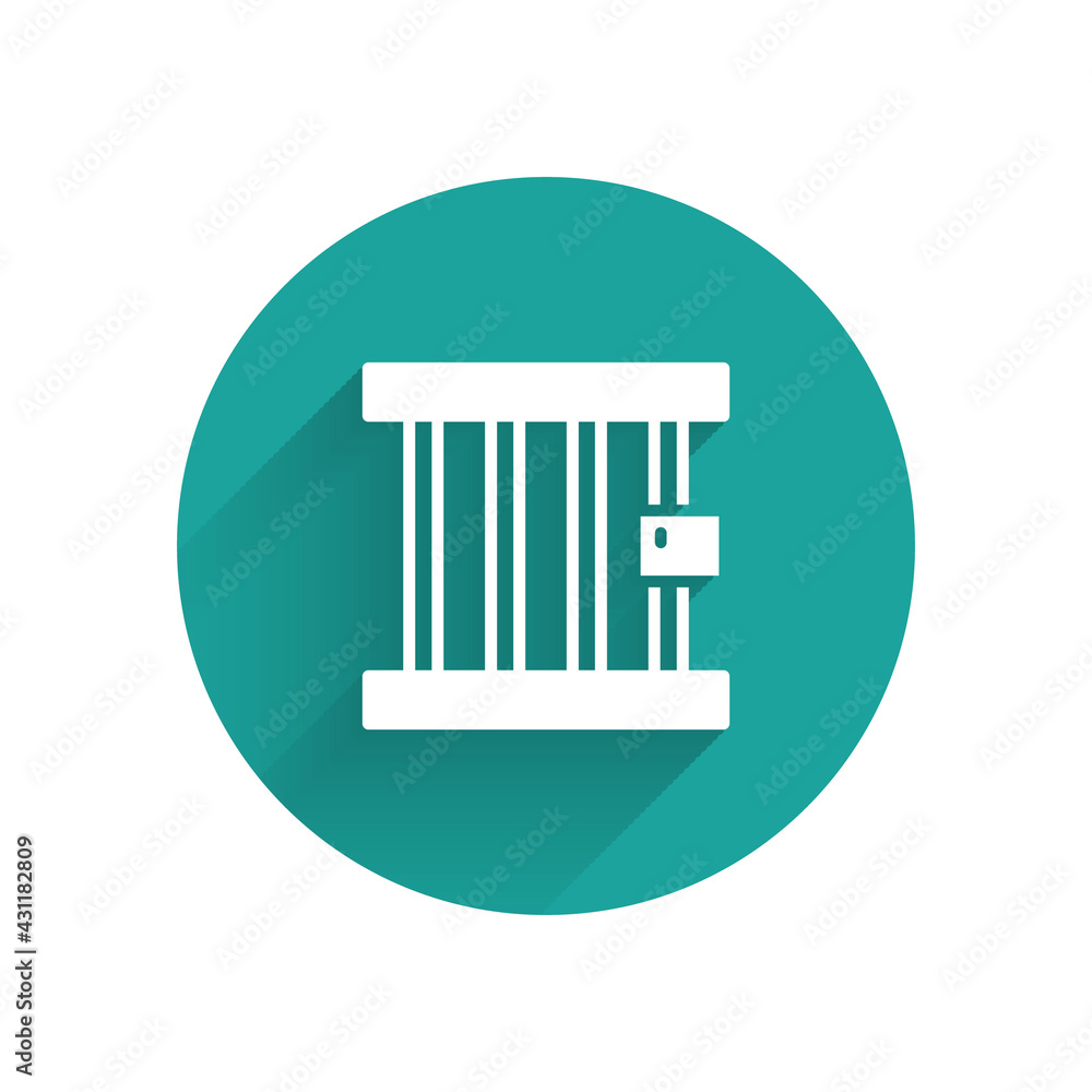 Poster white prison window icon isolated with long shadow. green circle button. vector