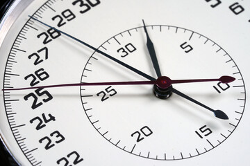 Watch dial with number and running arrow close-up. Clock face, arrow, hand, pointer, cursor, switch, watch, timepiece, timer, timekeeper, horologe, dial, face.