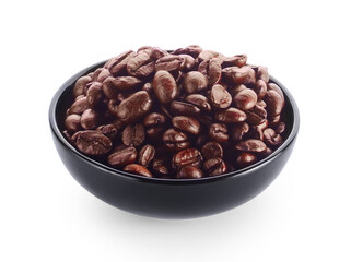 Bowl with coffee beans on white background.