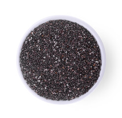 Chia seeds in bowl isolated on white background.