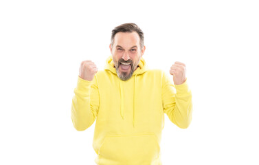 happy handsome mature man with beard in hoody celebrate success isolated on white, success.