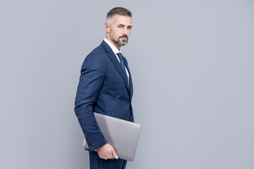 agile business. professional network administrator hold computer. boss with modern wireless laptop