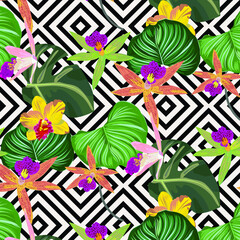 Tropical flora and leaves vector pattern, repeating Monstera leaves, Orchid flower, and Calathea Orbifolia leaves with abstract linear flower in background
