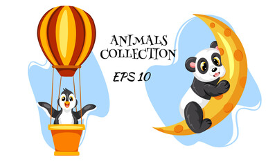 Wild animal characters. Penguin and Panda. Cartoon style.