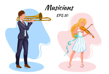 Musicians characters. Violinist and trombonist. Cartoon style.
