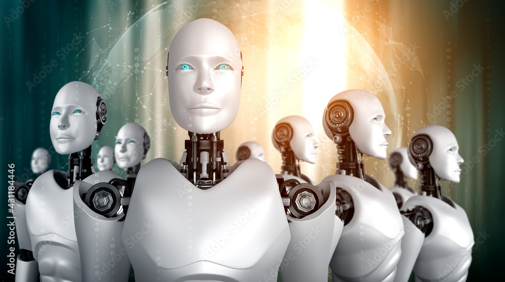 Aufkleber 3d illustration of robot humanoid group in concept of future artificial intelligence and 4th fourth 