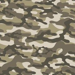 Camouflage seamless pattern. Trendy style camo, repeat print. Vector brown illustration. Khaki texture, military army green hunting