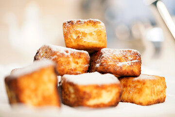 Bakery products. Cheesecakes in the shape of a square. Cottage cheese products.  Hot dish.                                                                                        