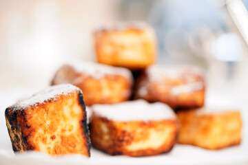 Bakery products. Cheesecakes in the shape of a square. Cottage cheese products.  Hot dish.                                                                                        