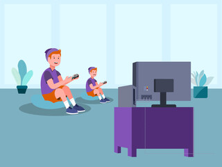 father and son play on a video game console on the screen