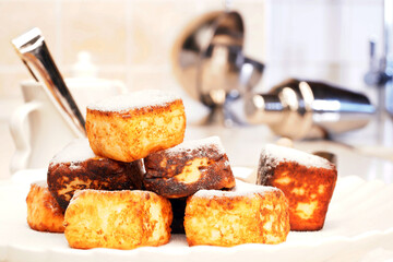 Bakery products. Cheesecakes in the shape of a square. Cottage cheese products.  Hot dish.                                                                                        