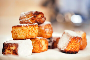 Bakery products. Cheesecakes in the shape of a square. Cottage cheese products.  Hot dish.                                                                                        