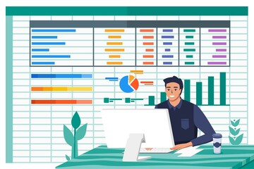 Young Man Accountant Work with Spreadsheet Paperwork Program on Computer Screen in Office Financial Flat Vector Illustration. Can be Used for Digital and Printable Infographic - obrazy, fototapety, plakaty