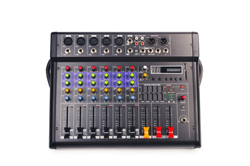 Audio mixing console with clipping path isolated on white background, top view