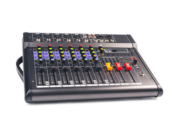 Audio mixer console with clipping path isolated on white background.