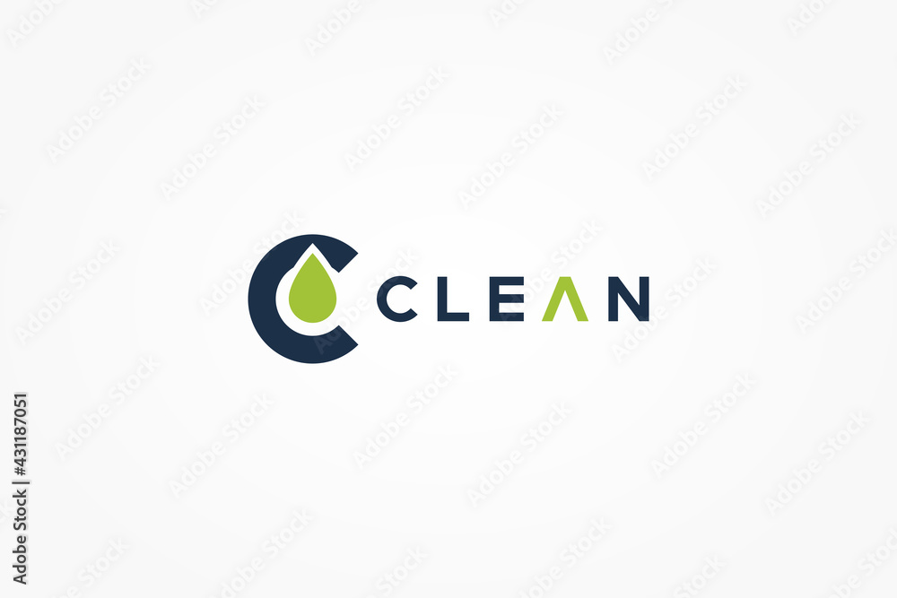 Poster simple clean logo. blue circle shape initial letter c with green waterdrop combination isolated on w