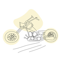 Vintage motorcycle, two-wheeled motorbike. Hand-drawn monochrome vector, line art, retro style. Sports transport, travel car. Brutal character, speed, biker symbol. For posters, banners, print.