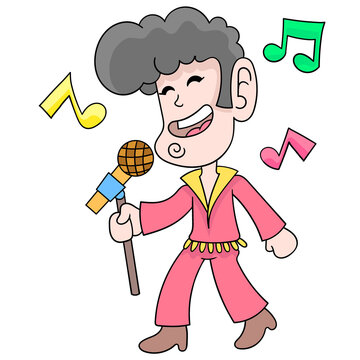 a singing man carrying an elvis presley style mic stand, doodle icon image kawaii