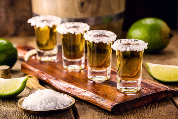 Obraz na płótnie Canvas glasses of tequila on the bar table, served with salt and lemon