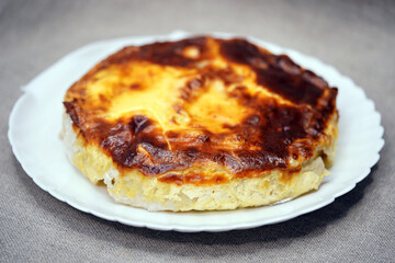 Round ruddy meat pie. Homemade baking. Healthy food. Bakery products. Dough product.  Loaf with minced meat. Puff cake, hot dish, dough product 
                                             