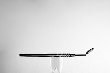 White healthy tooth, holding a mirror dental tool for DENTAL CARE. 