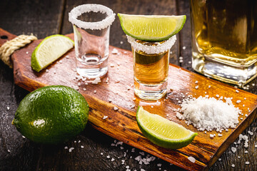 glass of tequila with ingredients around, mexican drink preparation