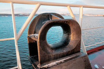 Mooring hawse on the deck of a large seagoing ship, for passing mooring lines from ship to shore