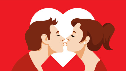 Kissing couple. Beautiful young people kissing each other with closed eyes. Young man and pretty woman expressing love, tenderness, affection. Heart shape on background.