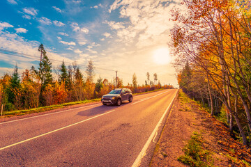 Suburban autumn road going up the hill. The car goes on the road. Mixed forest. Sunset. Autumn evening. Beautiful nature. Russia, Europe. View from the side of the road.