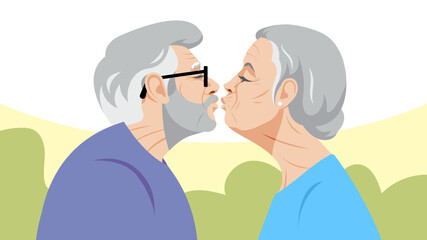 Love and age. Mature couple kissing. Elderly man and old lady touch their lips to each other. Touching scene of love, tenderness, togetherness. Silhouette of lovers. Love and health in mature age.