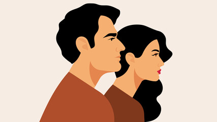 Portrait of young beautiful couple. Beautiful bright woman near handsome man. Two person caucasian ethnicity. Modern vector illustration of people.