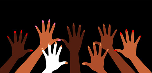 Obraz premium Hands up in the air. Diversity hands different skin color, people of different ethnicities. Concept of celebration, equality, voting. Vector illustration for post, banner, cover. Black background