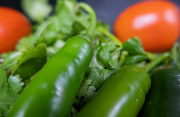 Close-up of chili peppers and tomatoes above coriander
