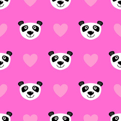 Cute panda bear and hearts seamless pattern. Childish cartoon design for textile, paper, print, fabric and more. Vector illustration.