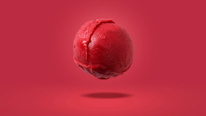 Raspberry ice cream scoop flying on red pink background, red yummy ice cream ball with fruits