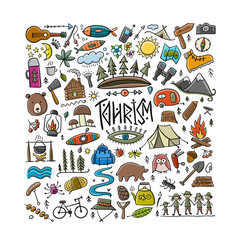 World Tourism Day. Forest and Mountain Tourist icons set. Camping Background for your design.