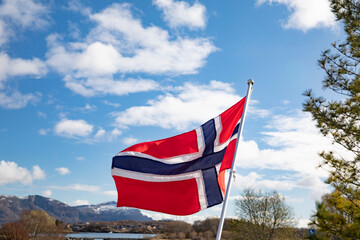 Norwegian flag and May 1st Labor Day. May 17 Constitution Day,Brønnøysund,Helgeland,Nordland...