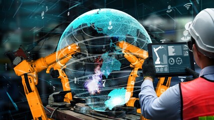 Smart industry robot arms modernization for innovative factory technology . Concept of automation...