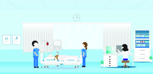 Illustration of elderly person  in coma lying on bed with a Ventilator with medical team working in intensive care unit the hospital,  Patient during blood transfusion procedure. Health care concept. 