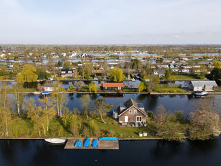 Aerial view of small islands in the Lake Vinkeveense Plassen, near Vinkeveen, Holland. It is a...