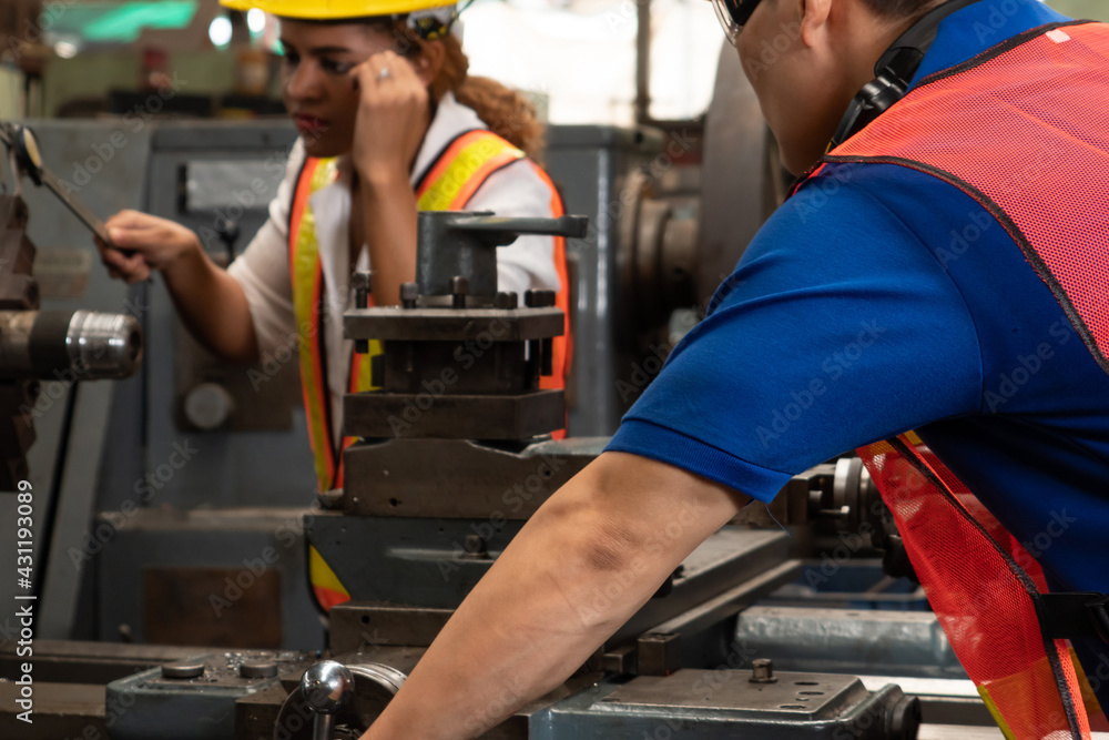 Poster group of skillful workers using machine equipment in factory workshop . industry and engineering peo