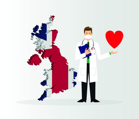 UK Concept. Map Template. Coronavirus and Covid-19. Doctor figure and healthcare concept. Wuhan coronavirus outbreak flu, dangerous flu cases, banner flat style illustration as a pandemic concept