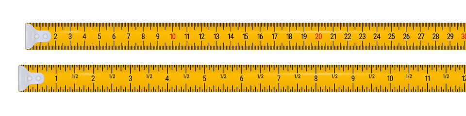 Tape measure 30 centimeters and 12 inches. 3D realistic vector illustration isolated on white