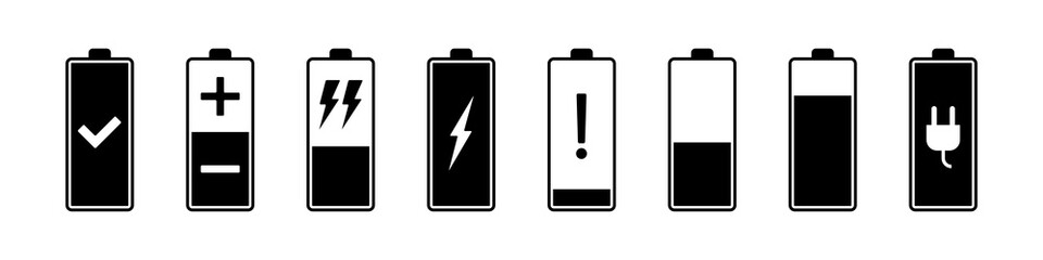 Battery charging icons. Flat vector illustration isolated on white