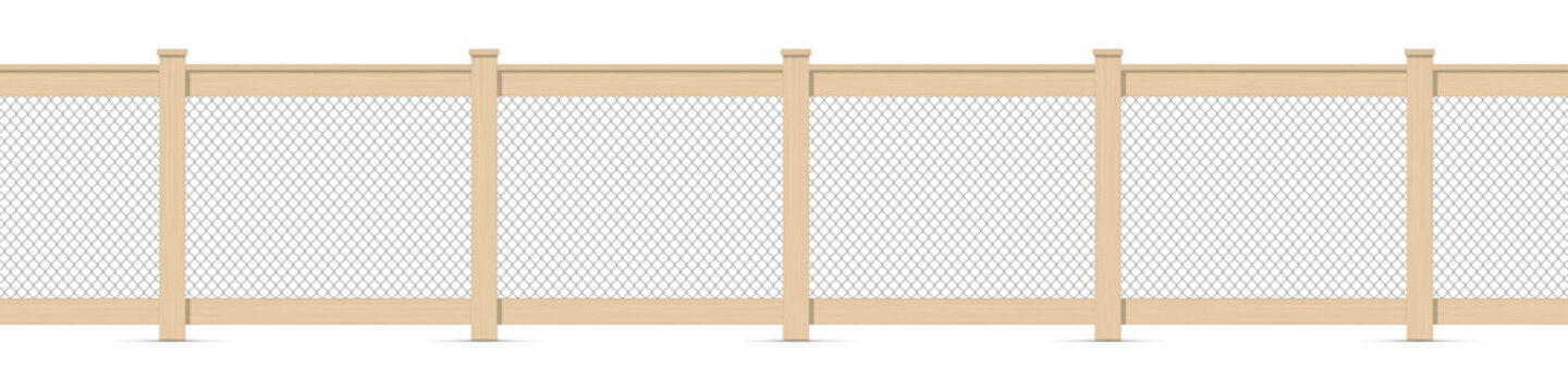Wooden fence with a chain mesh fencing. 3D realistic vector illustration isolated on white