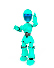 robot girl is standing and talking in white background