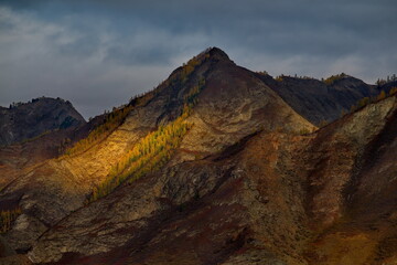 Fototapeta na wymiar Russia. Mountain Altai. Expressive graphics of autumn sunlight on the rocks of mountain ranges.