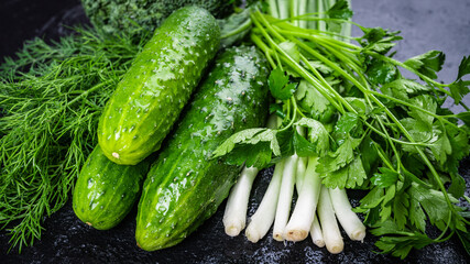 Fresh organic homegrown herbs and leaf vegetables background