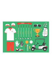 Golf club, golf. Golfer sports equipment. flat style. isolated on green background