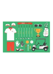 Foto auf Acrylglas Golf club, golf. Golfer sports equipment. flat style. isolated on green background © volyk